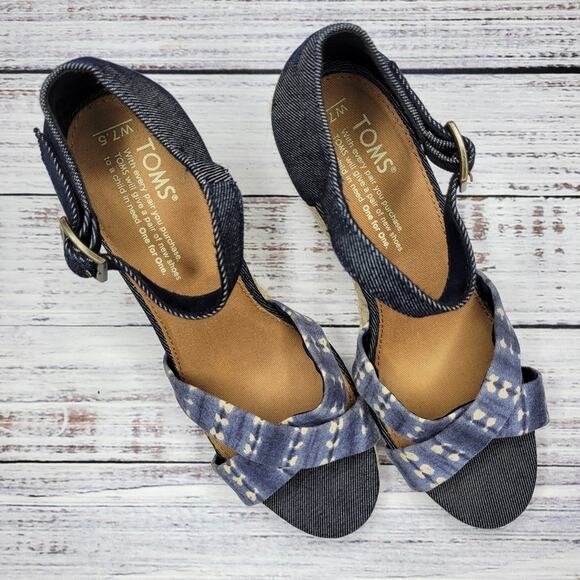 TOMS Open Toe Wedge Heel Espadrille Sandals Denim Blue and Tie Dye | 7.5 - Picture 4 of 9
